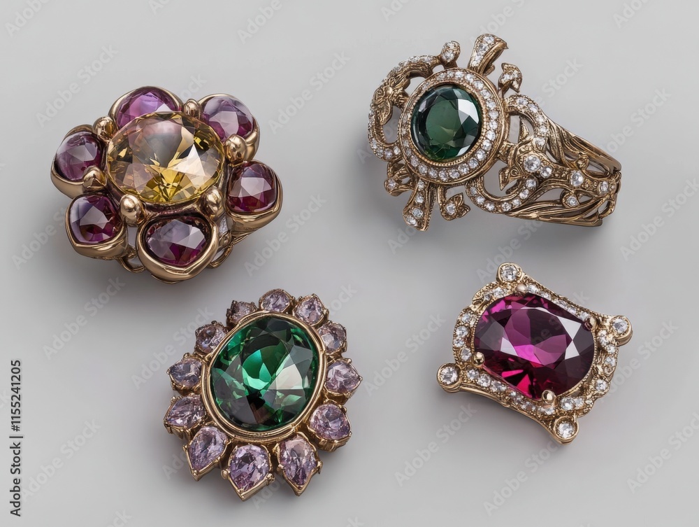 Bijoux Assortment: Gemstone Rings and Broaches in Yellow-Brown Tones Bijoux Assortment: Gemstone Rings and Broaches in Yellow-Brown Tones