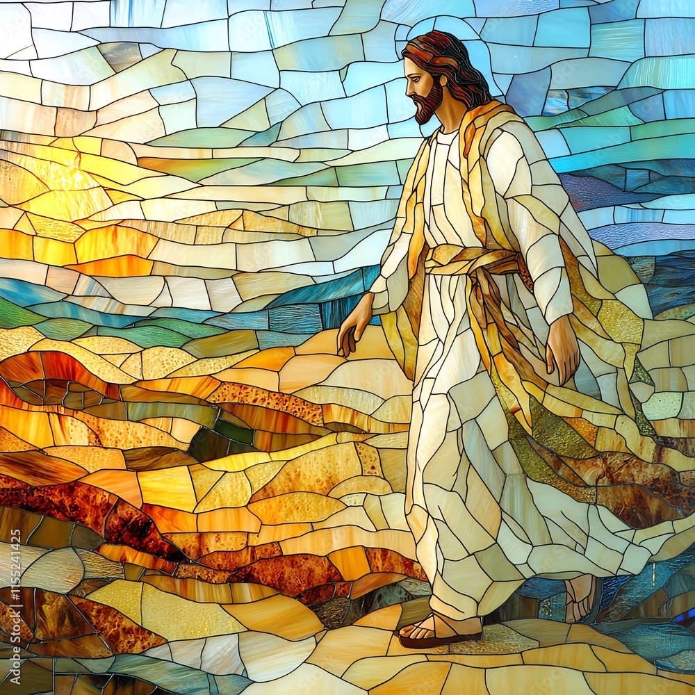 A stained glass depiction of a figure walking on a colorful landscape, symbolizing peace and spirituality. A stained glass depiction of a figure walking on a colorful landscape, symbolizing peace and spirituality.