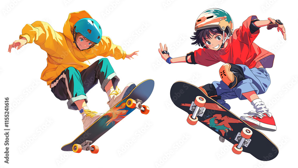 Dynamic Illustration of Two Young Skateboarders Performing Tricks Mid-Air Dynamic Illustration of Two Young Skateboarders Performing Tricks Mid-Air