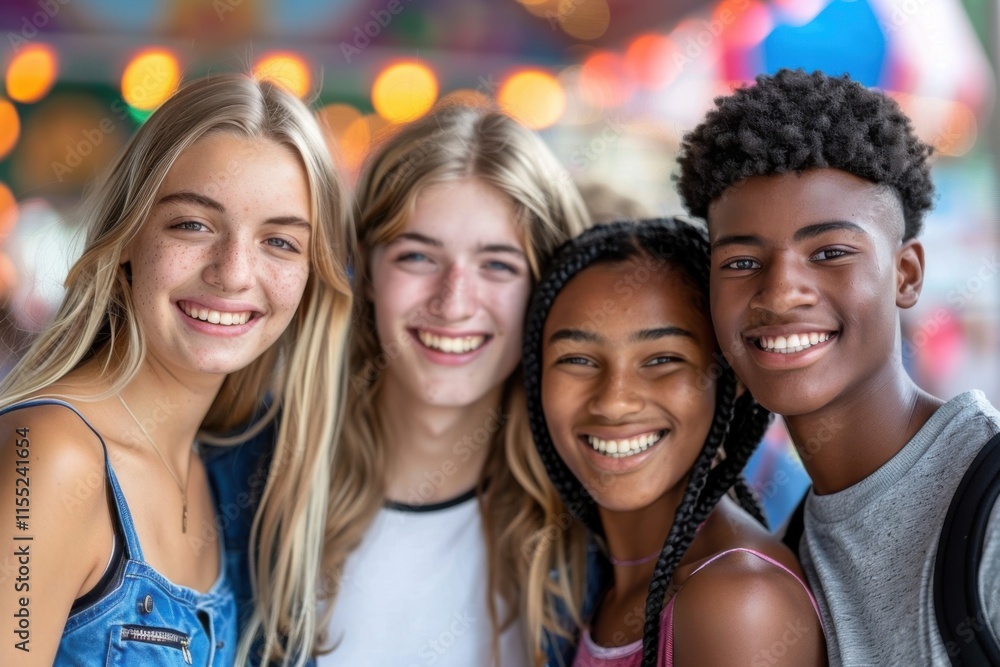Four friends smile brightly at the camera in an amusement park, with colorful lights in the background creating a joyful atmosphere. Four friends smile brightly at the camera in an amusement park, with colorful lights in the background creating a joyful atmosphere.
