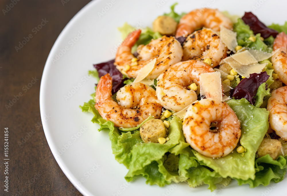 Caesar salad with grilled shrimp and parmesan cheese Caesar salad with grilled shrimp and parmesan cheese