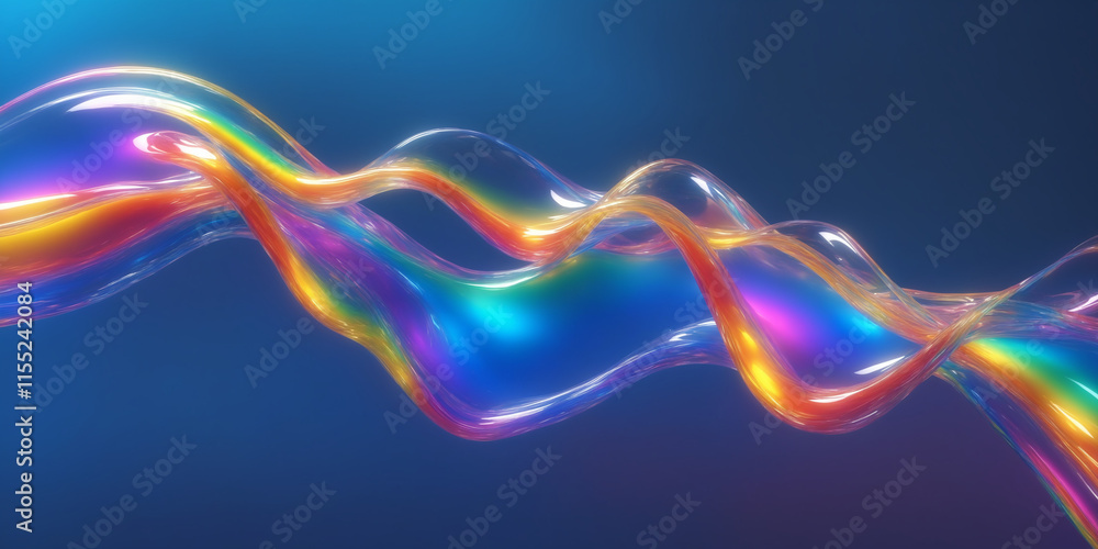 3d abstract liquid glass transparent clear ribbon wave line render. Rainbow fluid flow curve shape with dispersion light, holographic gradient texture. Flying glossy design element. 3D Illustration 3d abstract liquid glass transparent clear ribbon wave line render. Rainbow fluid flow curve shape with dispersion light, holographic gradient texture. Flying glossy design element. 3D Illustration