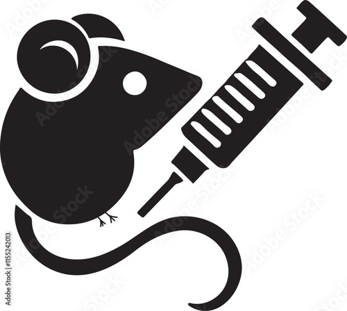 Animal testing icon, vector illustration. Laboratory mouse with syringe, experimental injection of vaccine or drug. Rat silhouette isolated on white background