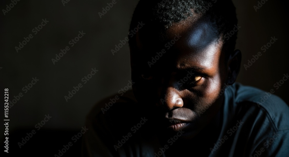 Pensive african adult male in shadowy light with introspective expression Pensive african adult male in shadowy light with introspective expression