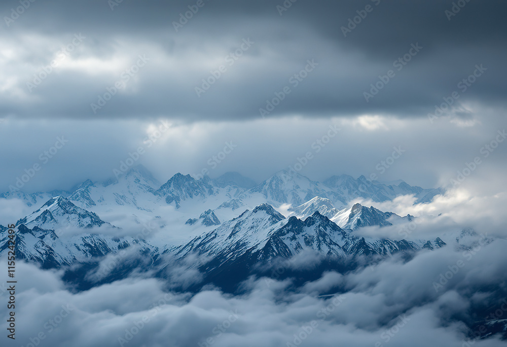 Dramatic aerial view to large snow mountain range under changeable rainy cloudy sky. Bright atmospheric alpine scenery with high snowy mountain peak in low clouds. Dramatic aerial view to large snow mountain range under changeable rainy cloudy sky. Bright atmospheric alpine scenery with high snowy mountain peak in low clouds.