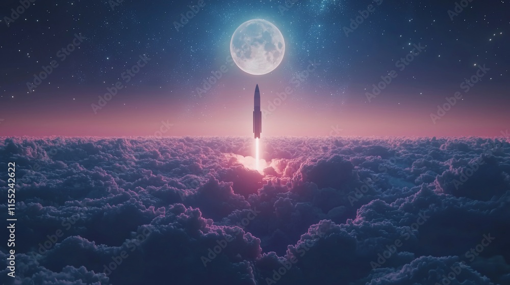 Rocket launching through clouds at night, under a full moon. Rocket launching through clouds at night, under a full moon.
