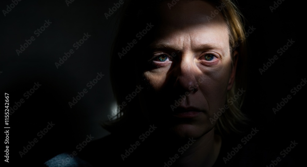 Moody portrait of caucasian female adult in dramatic lighting Moody portrait of caucasian female adult in dramatic lighting