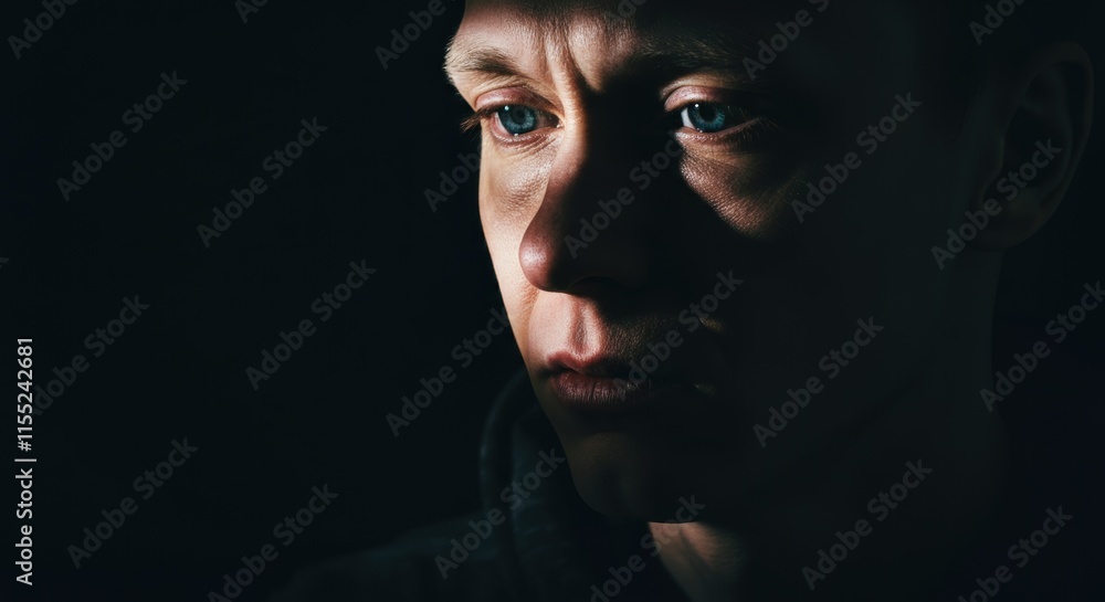 Pensive young caucasian male in shadowed light Pensive young caucasian male in shadowed light