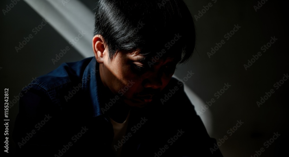 Shadowy portrait of asian male in thoughtful pose Shadowy portrait of asian male in thoughtful pose