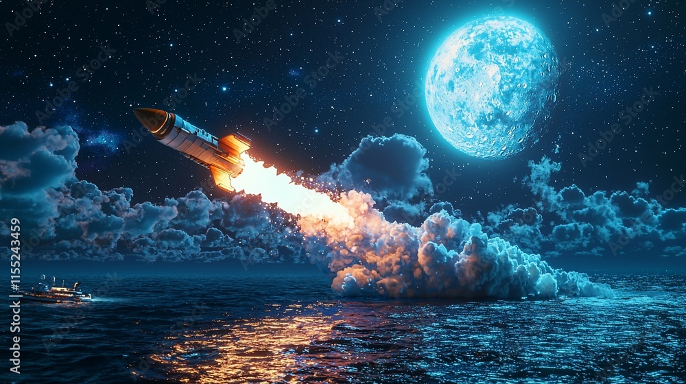 Fototapeta premium Rocket launching at night over ocean with full moon.
