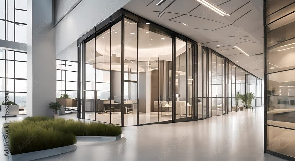 Modern office building with a large wide corridor and glass partitions inside 4K Modern office building with a large wide corridor and glass partitions inside 4K