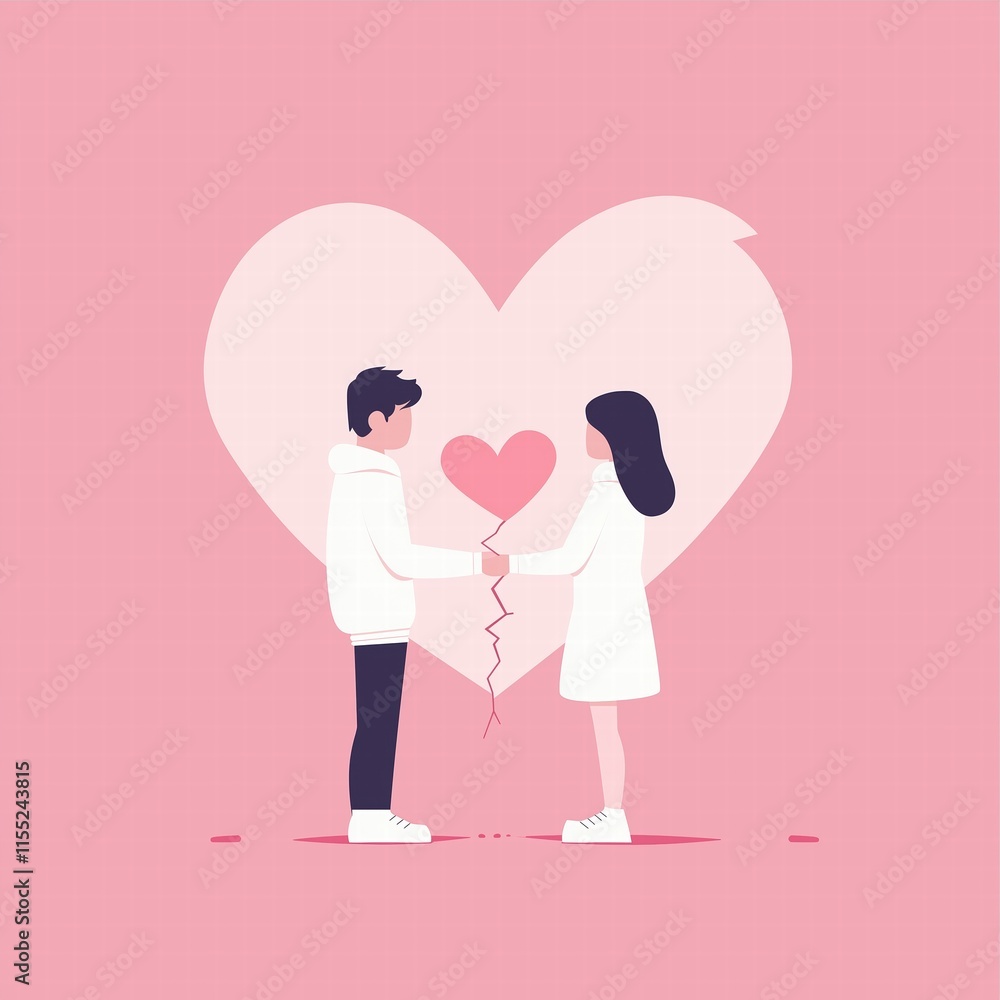 Young couple sharing love in minimalist pink heart illustration Young couple sharing love in minimalist pink heart illustration