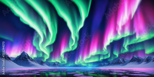 Aurora northern, polar and southern lights realistic vector on night sky background. Aurora polaris, borealis and australis with green, blue, pink and purple neon lights, shining rays and swirls