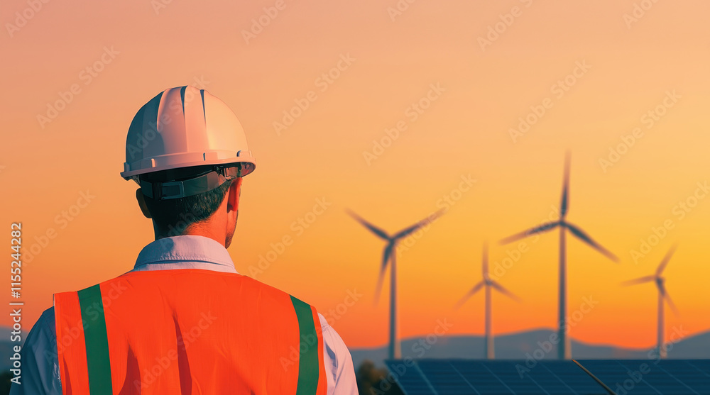 Back view of young maintenance engineers working in wind turbine farm at sunset. Back view of young maintenance engineers working in wind turbine farm at sunset.