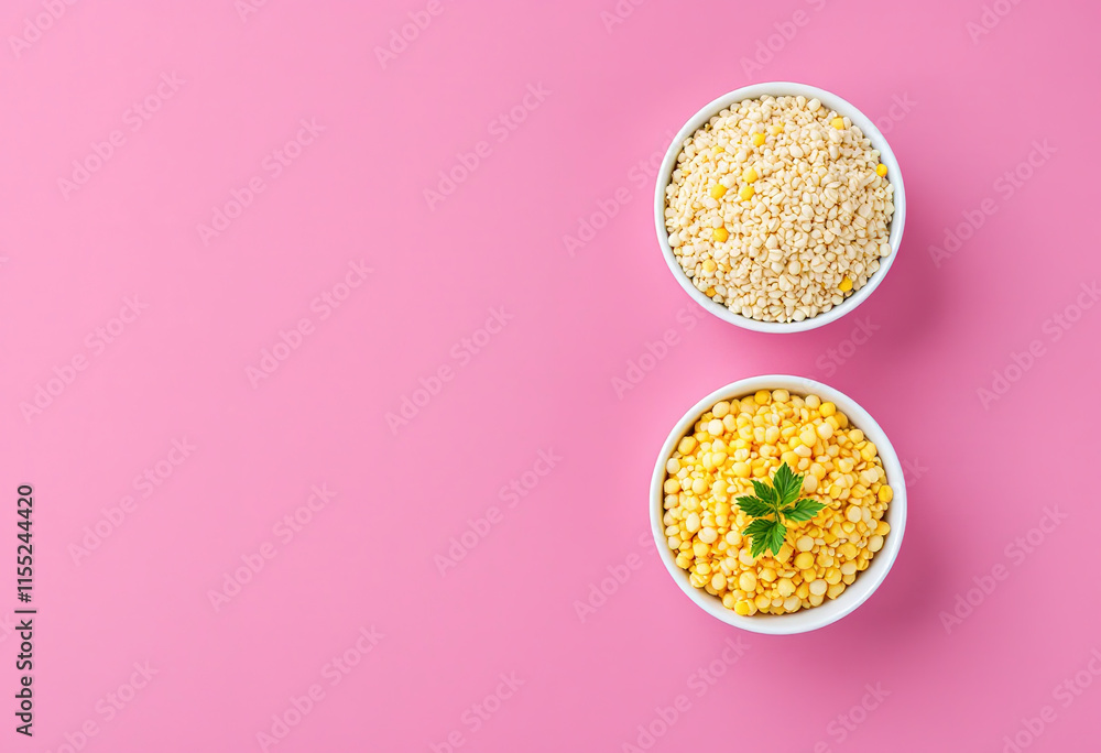 Top view of assorted Quinoa in white bowls on pink background Top view of assorted Quinoa in white bowls on pink background