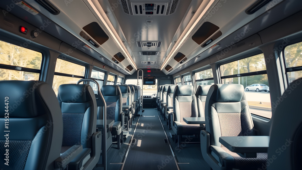 Spacious intercity bus interior with wide cushioned seats, individual tray tables, and footrests. Generative AI Spacious intercity bus interior with wide cushioned seats, individual tray tables, and footrests. Generative AI