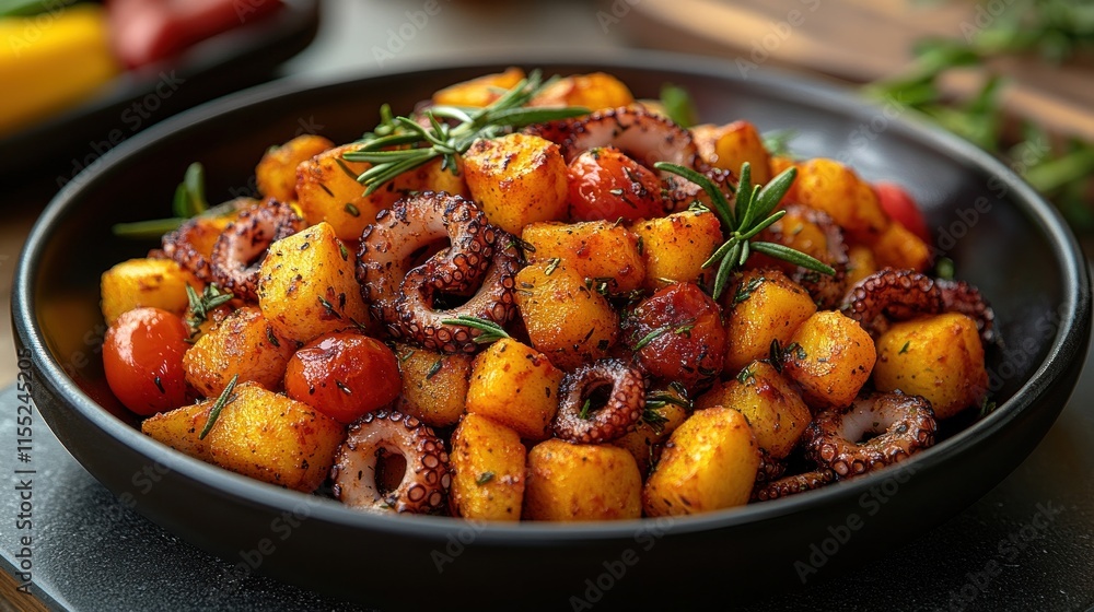 Roasted potatoes with octopus and cherry tomatoes, seasoned with herbs. Roasted potatoes with octopus and cherry tomatoes, seasoned with herbs.