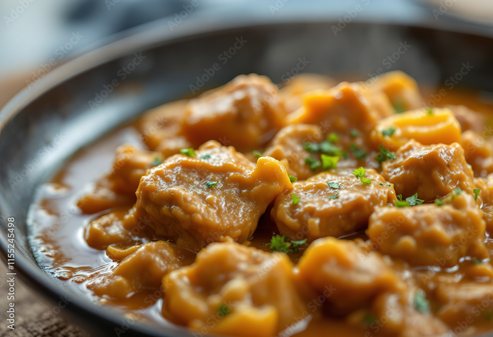 A close-up photo of a cooked creamy meat dish, a stew meat A close-up photo of a cooked creamy meat dish, a stew meat