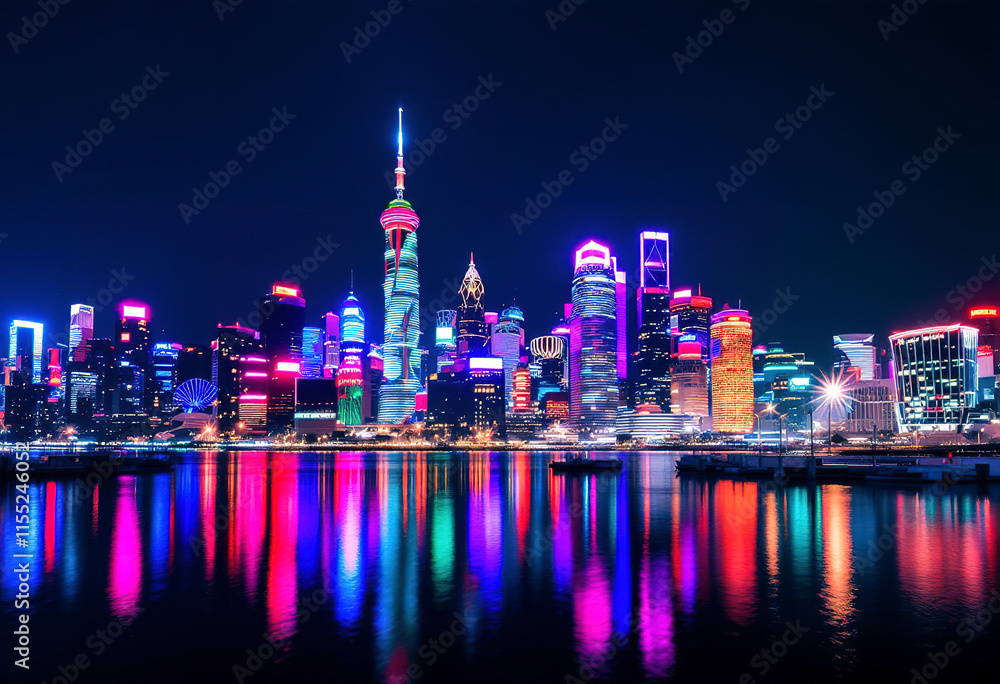 Obraz premium A colorful night skyline of a large city with tall skyscrapers and buildings reflected in the water, with a vibrant and illuminated cityscape