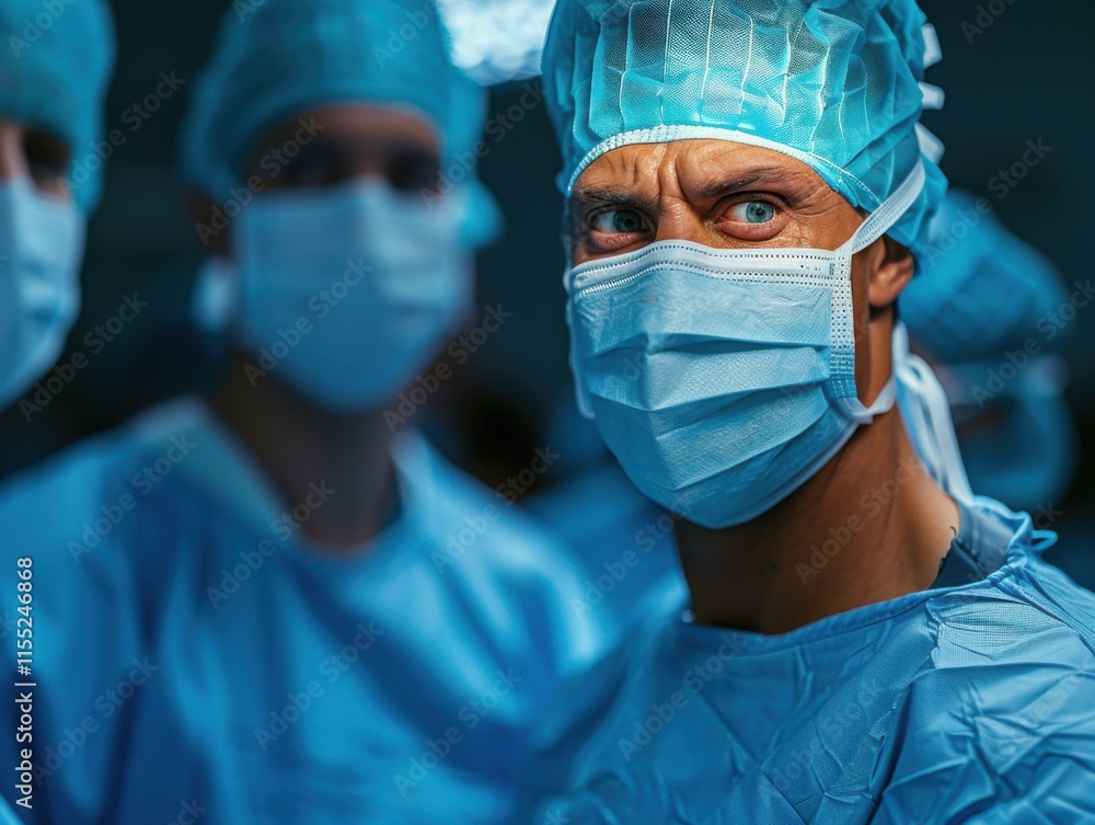 A focused medical team performs surgery, with a surgeon wearing a mask and cap. The blue lighting creates a sterile and intense atmosphere. A focused medical team performs surgery, with a surgeon wearing a mask and cap. The blue lighting creates a sterile and intense atmosphere.