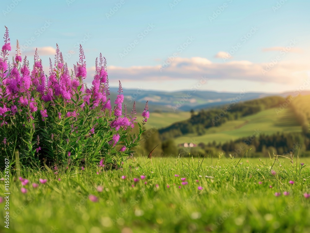 Obraz premium A scenic view of purple wildflowers in a sunny, rolling landscape. The sky is clear with a few clouds, conveying a serene and peaceful atmosphere.