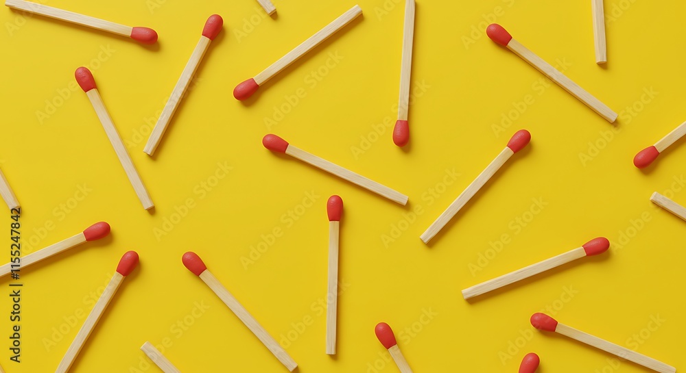 minimalistic design, matches, yellow background, , pattern, red tips, flat lay composition, bright colors, contrast, simple arrangement, everyday objects, creative layout, modern aesthetic minimalistic design, matches, yellow background, , pattern, red tips, flat lay composition, bright colors, contrast, simple arrangement, everyday objects, creative layout, modern aesthetic