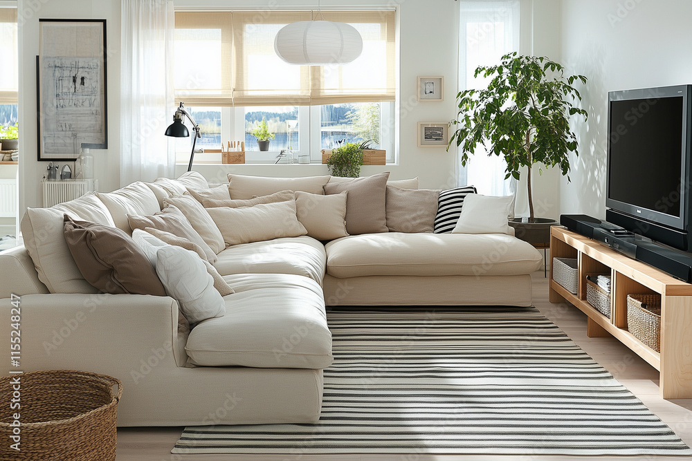A warn relax sofa in a studio apartment, showcasing Japanese and Scandinavian interior design with TV space of living room A warn relax sofa in a studio apartment, showcasing Japanese and Scandinavian interior design with TV space of living room