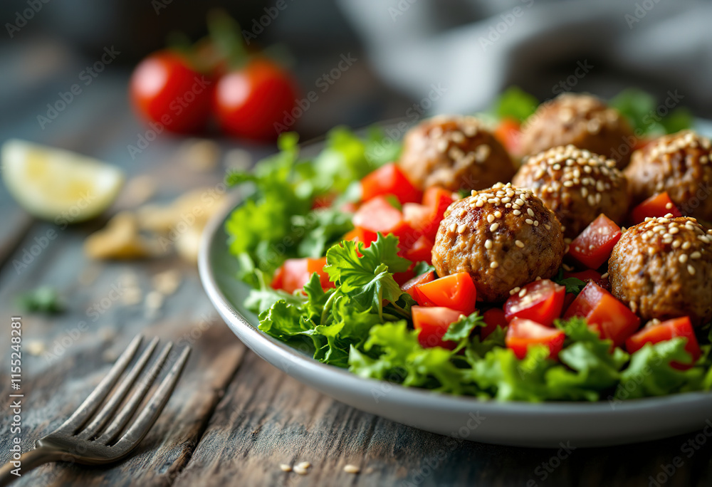 A plate of salad with diced tomatoes, green leaves, and meatballs topped with sesame seeds A plate of salad with diced tomatoes, green leaves, and meatballs topped with sesame seeds