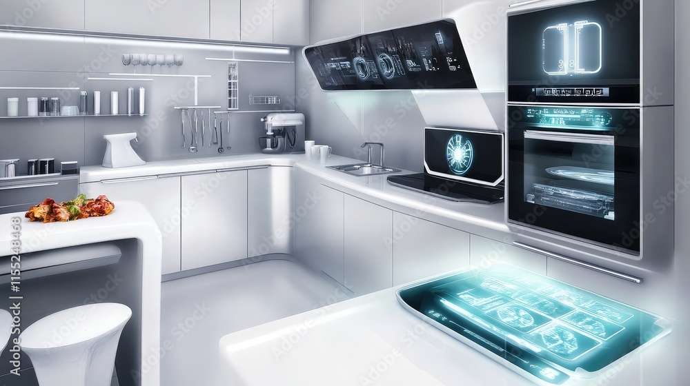 Clean high-tech futuristic kitchen with AI-controlled appliances Clean high-tech futuristic kitchen with AI-controlled appliances