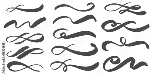 Swoosh underlines hand drawn vector elements. Swish swirl brushstrokes. Calligraphic elegant dividers. Curve paint tails. Flourishes and swoop vintage design