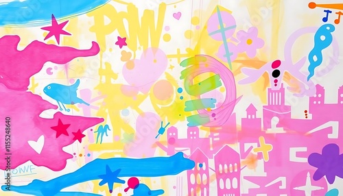 Abstract Colorful Painting Featuring Shapes and Cityscape
