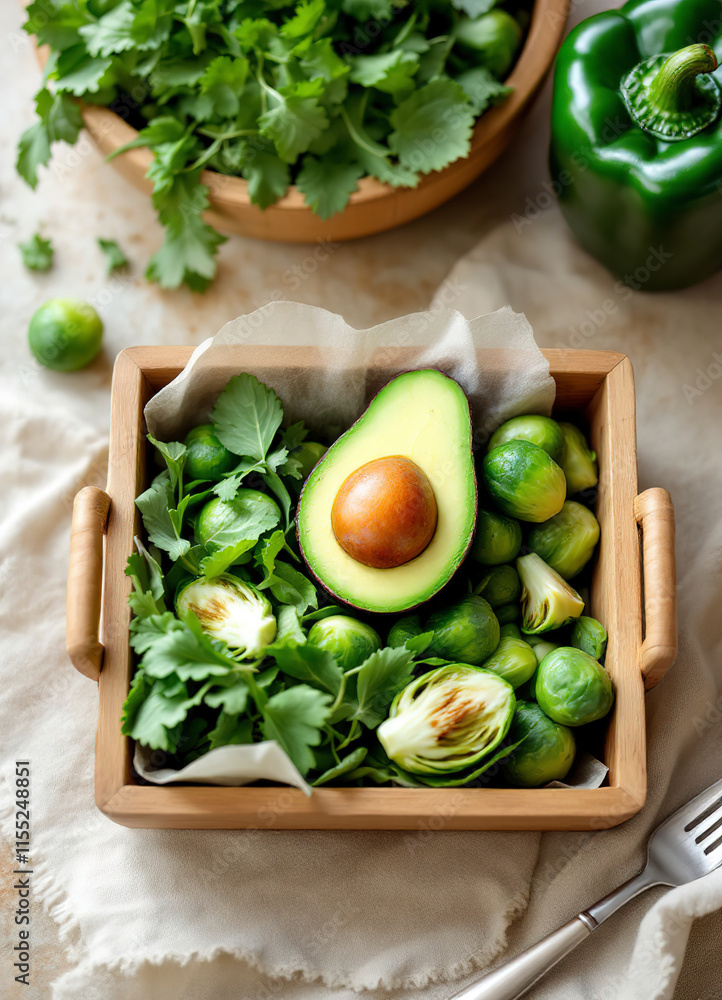 Avocado in wooden tray with assorted green vegetables, salad, bell pepper and Brussels sprouts on light brown stone table top Avocado in wooden tray with assorted green vegetables, salad, bell pepper and Brussels sprouts on light brown stone table top