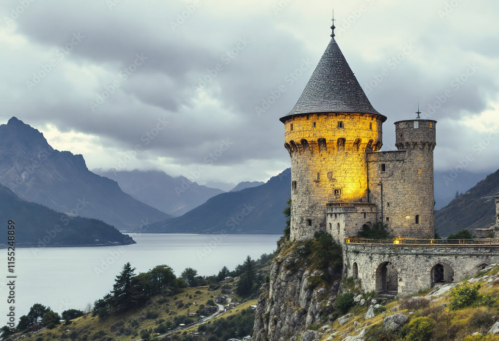 An old stone castle or fortress with a conical roof tower overlooking a lake or sea, surrounded by mountains in the background under a cloudy sky An old stone castle or fortress with a conical roof tower overlooking a lake or sea, surrounded by mountains in the background under a cloudy sky