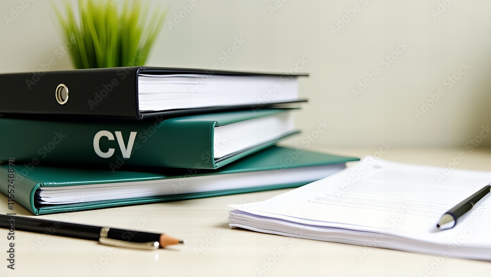 Stack of CV binders with documents and a pen on a white desk in a bright office Stack of CV binders with documents and a pen on a white desk in a bright office