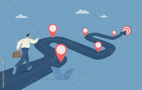 Timeline, Progress in business, Roadmap, Businessman project manager running work on project timeline, Project planning, Key route map with action plans, Timeline to success, Vector illustration.