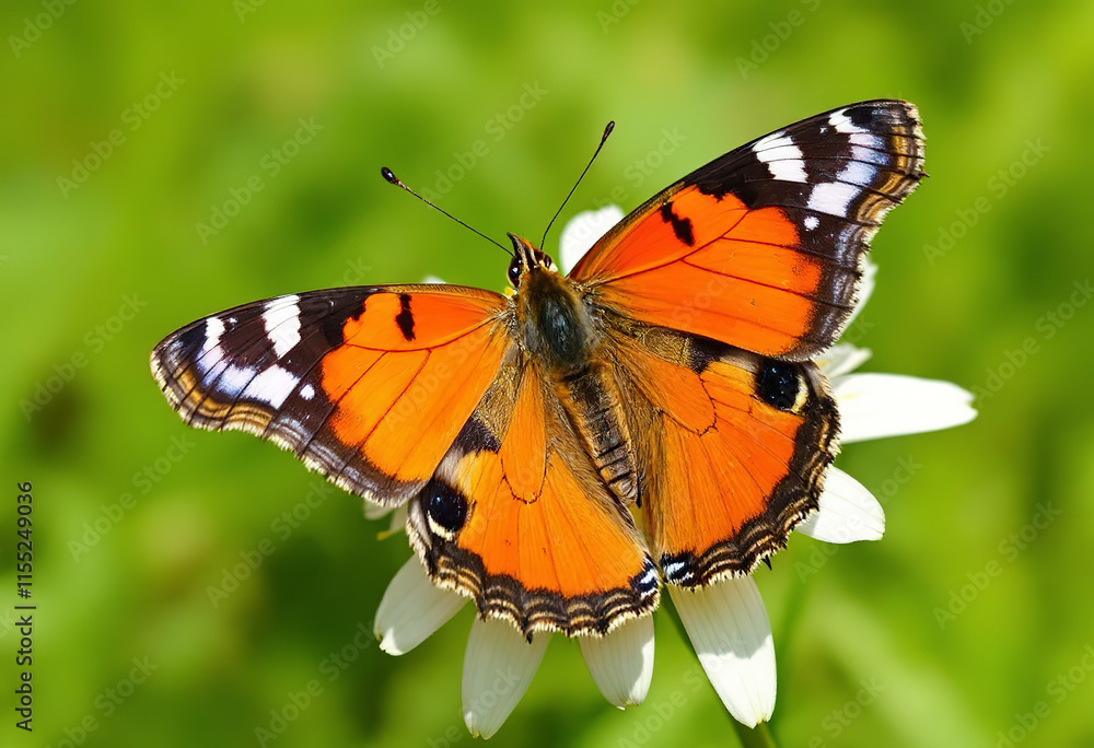 Fototapeta premium Bright orange large mother of pearl butterfly sitting on a white flower against blurred green grass. Close up.