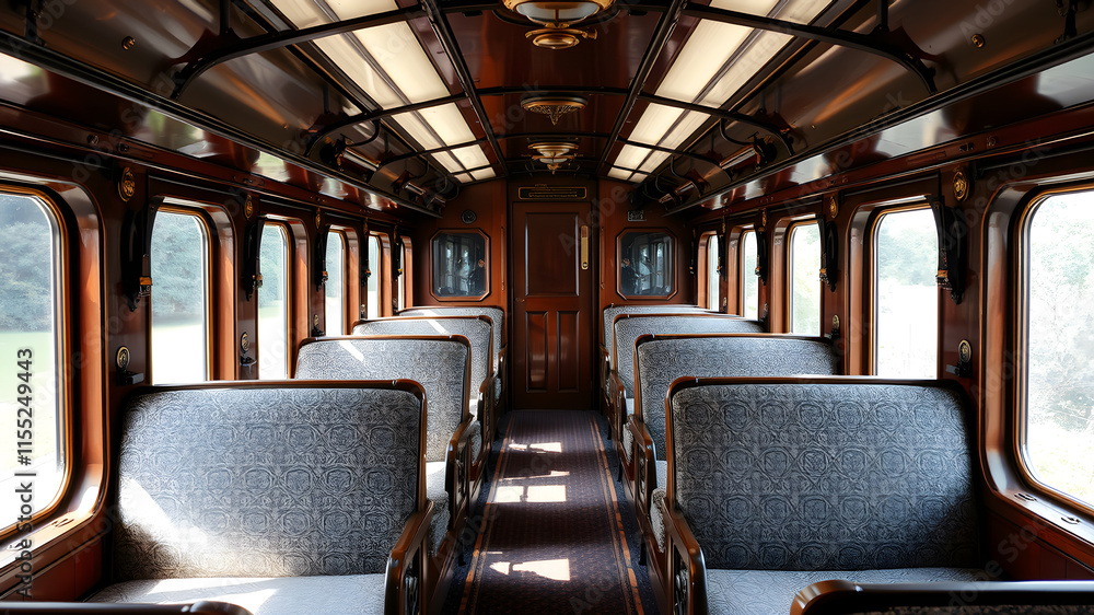 Traditional steam train seating cabin with patterned upholstery, overhead luggage racks, and brass details. Generative AI Traditional steam train seating cabin with patterned upholstery, overhead luggage racks, and brass details. Generative AI
