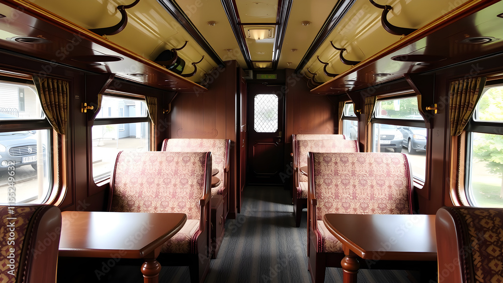 Fototapeta premium Traditional steam train seating cabin with patterned upholstery, overhead luggage racks, and brass details. Generative AI