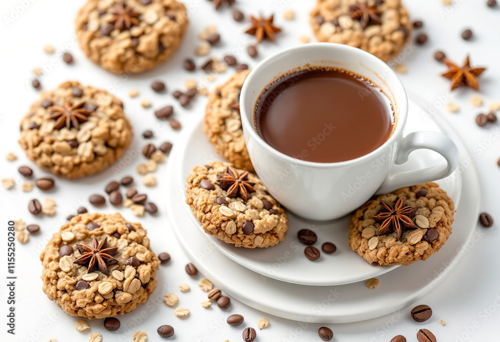 Oatmeal cookies with chocolate on the white saucer on the white background with stars of anise and coffee beans Oatmeal cookies with chocolate on the white saucer on the white background with stars of anise and coffee beans