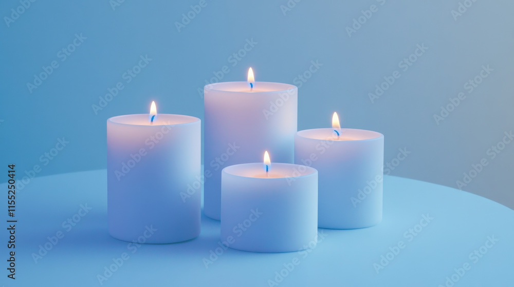 Four white candles in varying sizes emit gentle flames, casting a soft light against a soothing blue backdrop, creating a tranquil atmosphere perfect for relaxation. Four white candles in varying sizes emit gentle flames, casting a soft light against a soothing blue backdrop, creating a tranquil atmosphere perfect for relaxation.