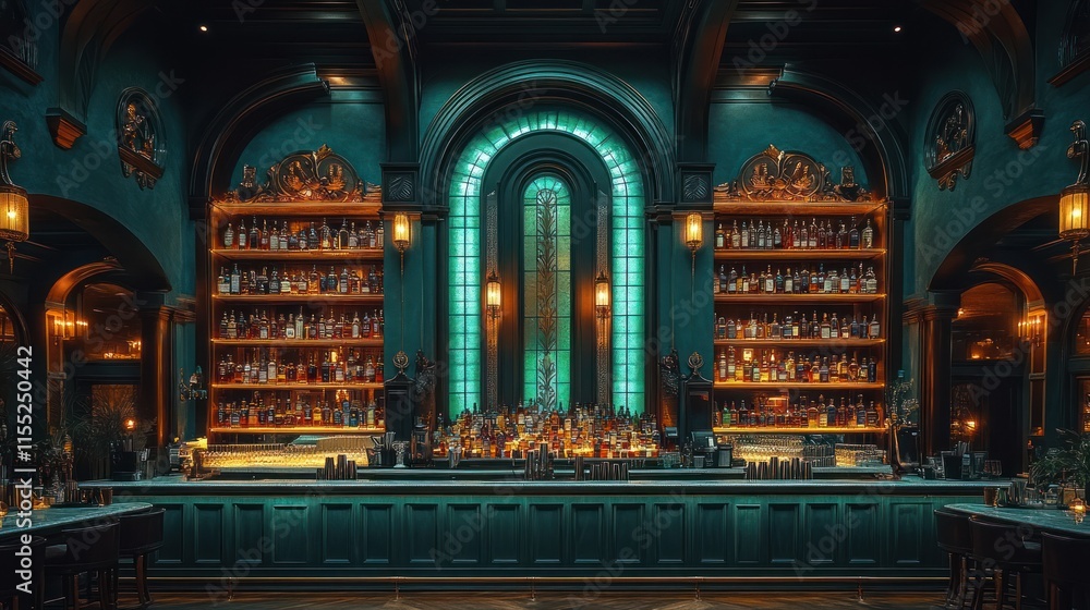 Obraz premium Luxurious teal bar interior with extensive liquor collection, ornate architecture, and stained-glass window.