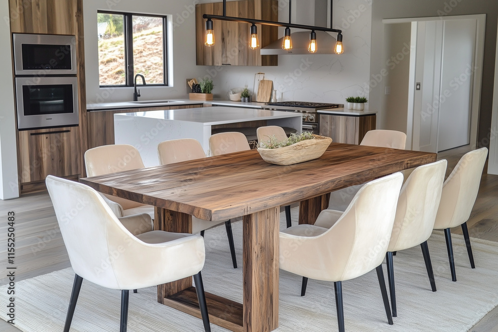 A light oak dining table and chairs sit against a soft beige wall, complemented by a minimal white countertop kitchen. The mid-century Scandinavian home A light oak dining table and chairs sit against a soft beige wall, complemented by a minimal white countertop kitchen. The mid-century Scandinavian home