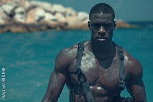 A male diver stands by the sea, wearing diving gear with his shirt off, showcasing a strong build. The serene, blue background adds to the calm, yet determined mood. photo