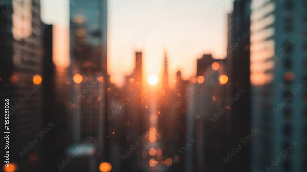 Vibrant city skyline with a dreamy, blurred perspective at sunset. Golden sunlight filters through high-rise buildings, creating a warm, atmospheric glow with bokeh effects in the foreground