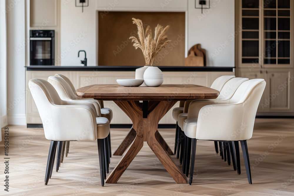 A light oak dining table and chairs sit against a soft beige wall, complemented by a minimal white countertop kitchen. The mid-century Scandinavian home A light oak dining table and chairs sit against a soft beige wall, complemented by a minimal white countertop kitchen. The mid-century Scandinavian home