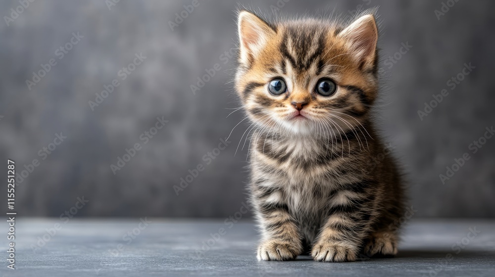 Cute Tabby Kitten Posing on Dark Background with Copy Space, Perfect for Pet Advertising Cute Tabby Kitten Posing on Dark Background with Copy Space, Perfect for Pet Advertising