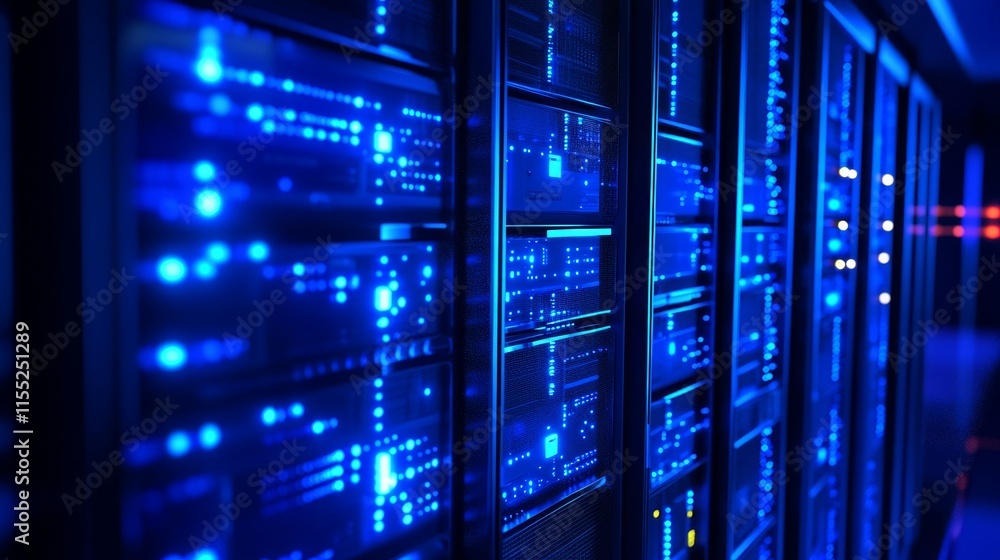 A close-up view of a data center with illuminated server racks. A close-up view of a data center with illuminated server racks.
