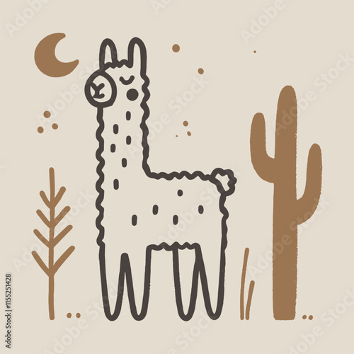 Hand drawn llama in desert with cactus and simple beige background
