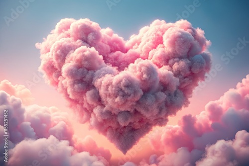 3D Pink Cloud Heart Shape - Rule of Thirds Composition, Cute Pastel Dreamy Design, Fantasy Art, Sweet Love Symbol