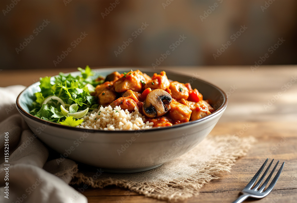 A bowl of chicken pieces and mushroom sauteed in tomato sauce, served with a green salad and rice A bowl of chicken pieces and mushroom sauteed in tomato sauce, served with a green salad and rice